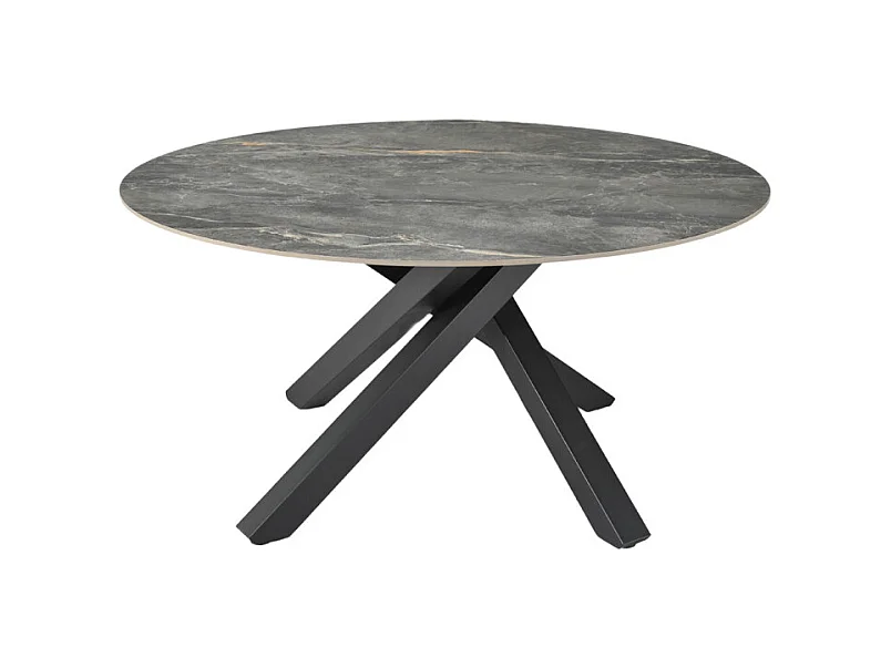 Table ronde D.150 cm céramique gris marbré et pieds métal noir – RUBY