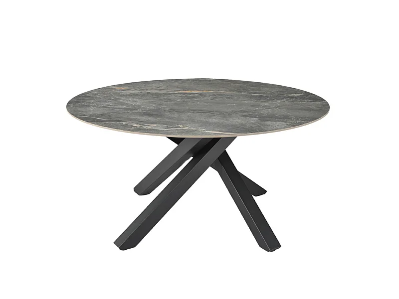 Table ronde D.150 cm céramique gris marbré et pieds métal noir – RUBY