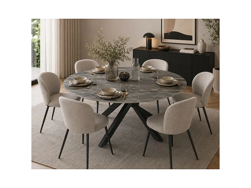 Table ronde D.150 cm céramique gris marbré et pieds métal noir – RUBY