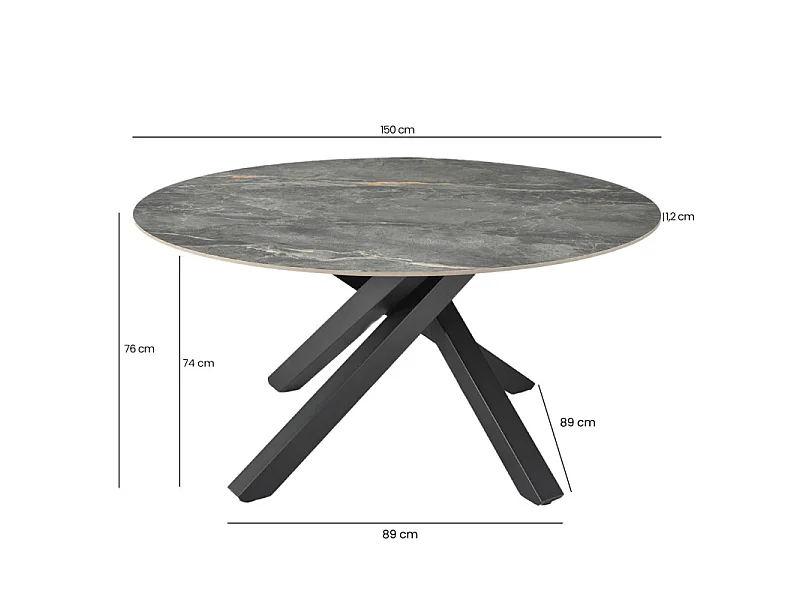 Table ronde D.150 cm céramique gris marbré et pieds métal noir – RUBY