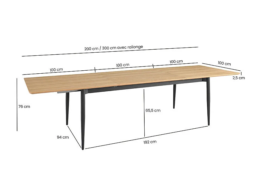 Table repas extensible 200/300 cm placage bois et pieds métal – JOLENE