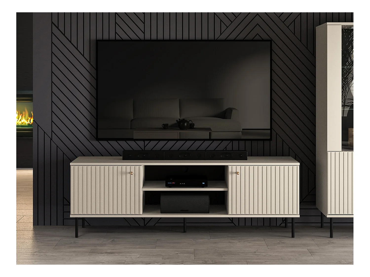 Meuble TV - 2 portes avec lamelles - 160 cm - beige - CALETTO