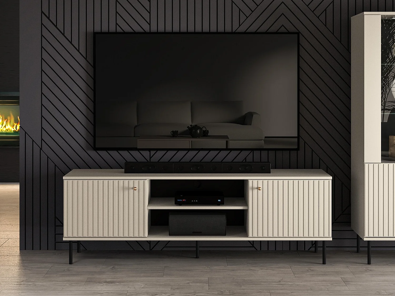 Meuble TV - 2 portes avec lamelles - 160 cm - beige - CALETTO