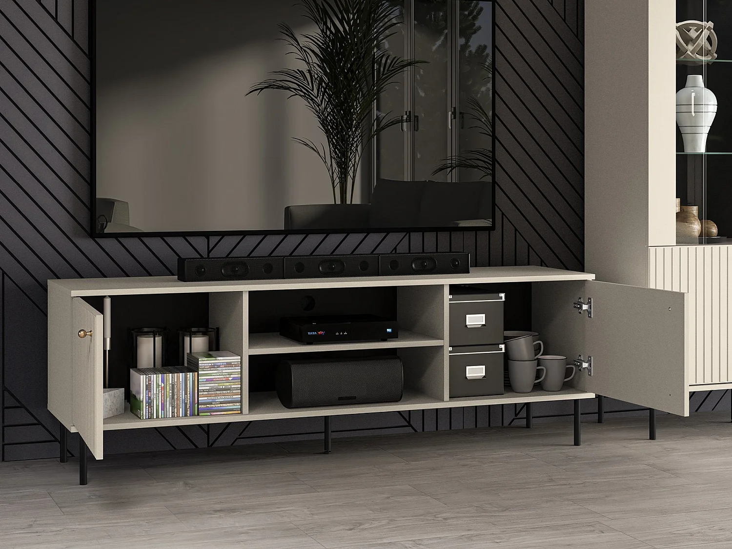 Meuble TV - 2 portes avec lamelles - 160 cm - beige - CALETTO