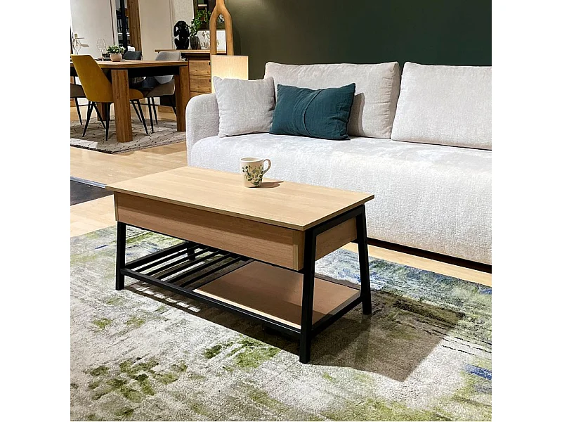 Table basse plateau relevable décor bois chêne et métal noir - GALILEO