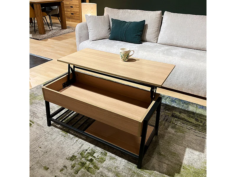 Table basse plateau relevable décor bois chêne et métal noir - GALILEO