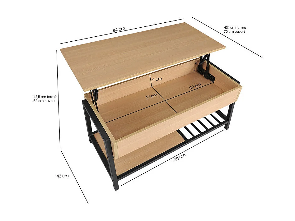 Table basse plateau relevable décor bois chêne et métal noir - GALILEO