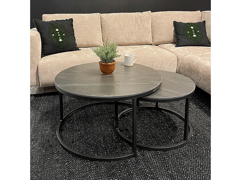 Tables basses gigognes rondes céramique gris marbré pied métal – OXY