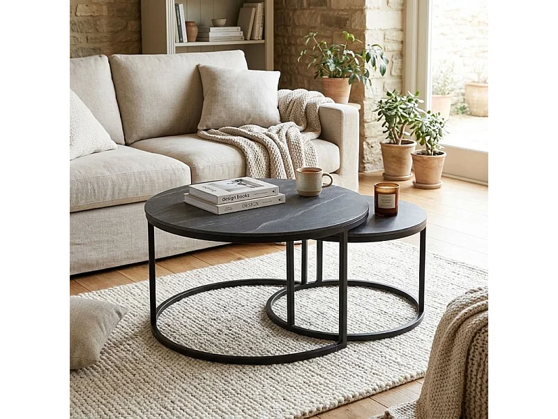 Tables basses gigognes rondes céramique gris marbré pied métal – OXY