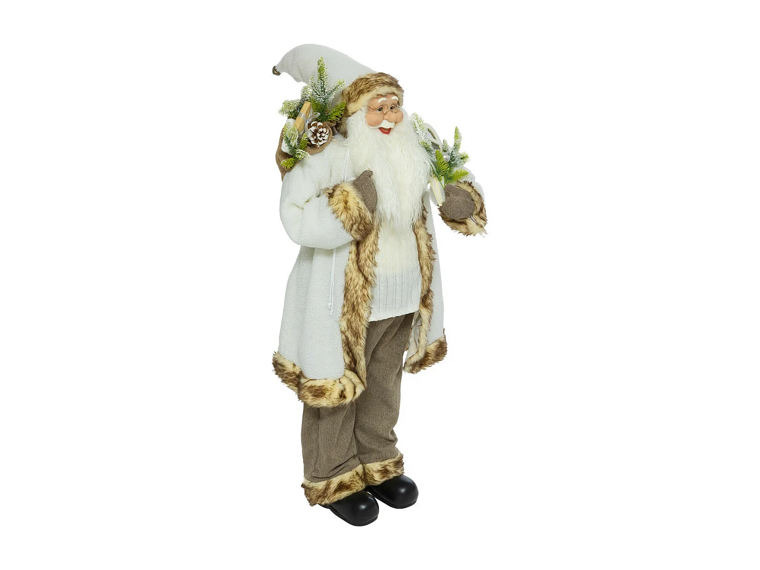 Grand Père Noël en fourrure sherpa blanche et beige H 120 cm