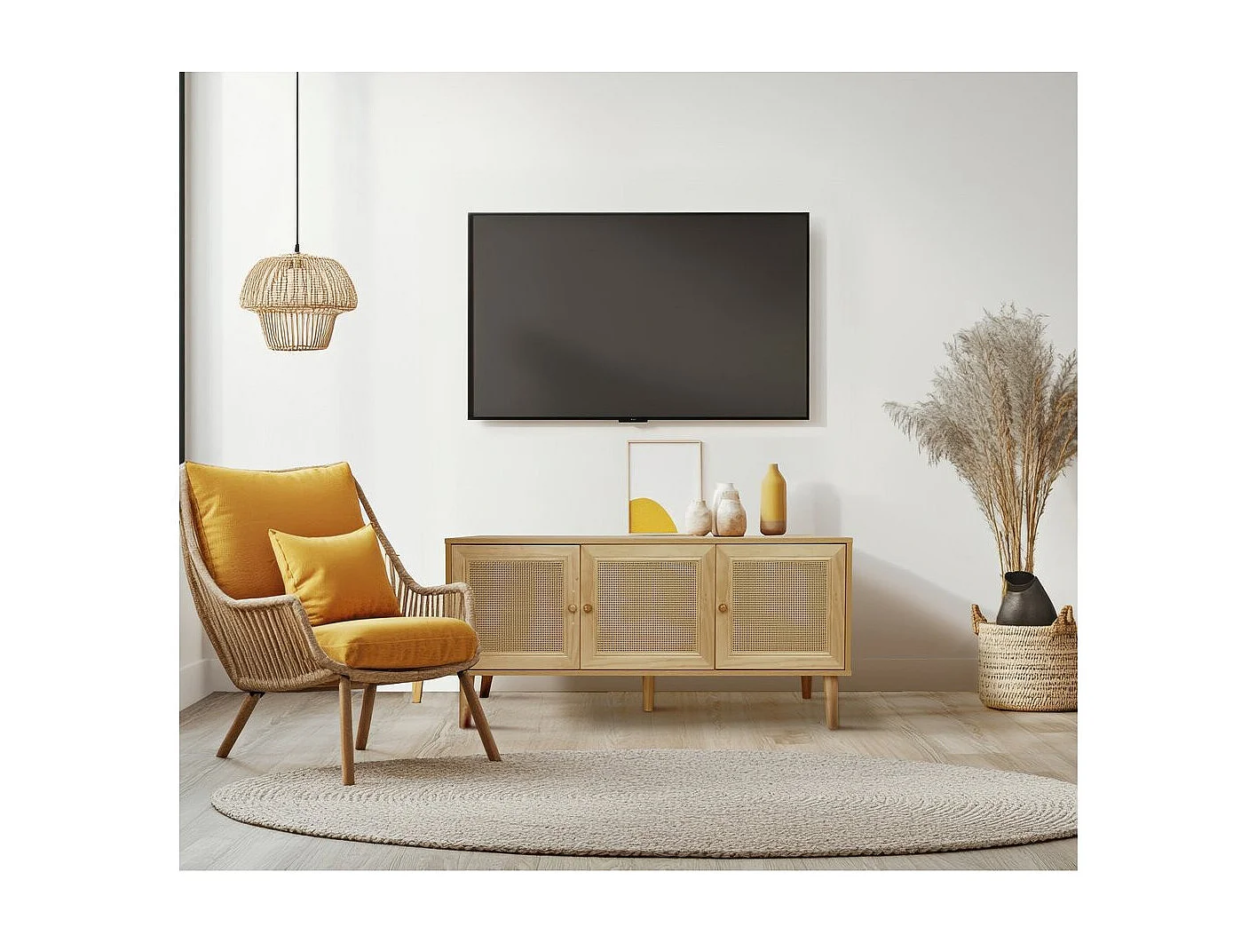 Opbergkast "Neuille" van hout met vlechtwerk - 120 x 40 x 71,5 cm - Beige