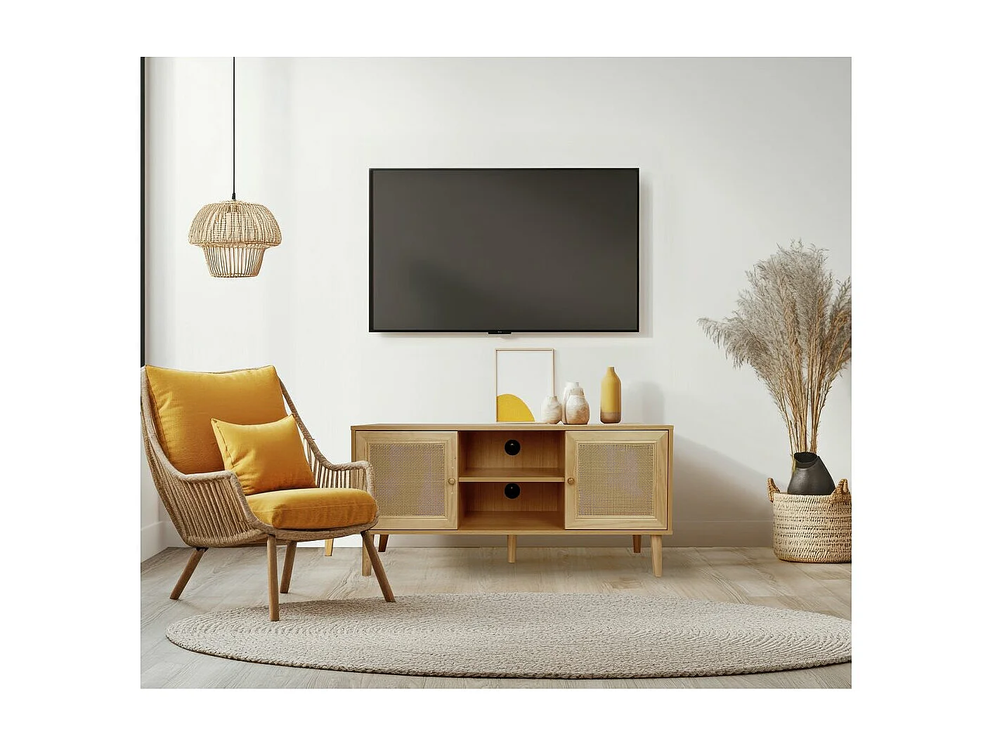 Meuble TV scandinave en cannage "Iguane" - 120 x 30 x 56.5 cm - Marron