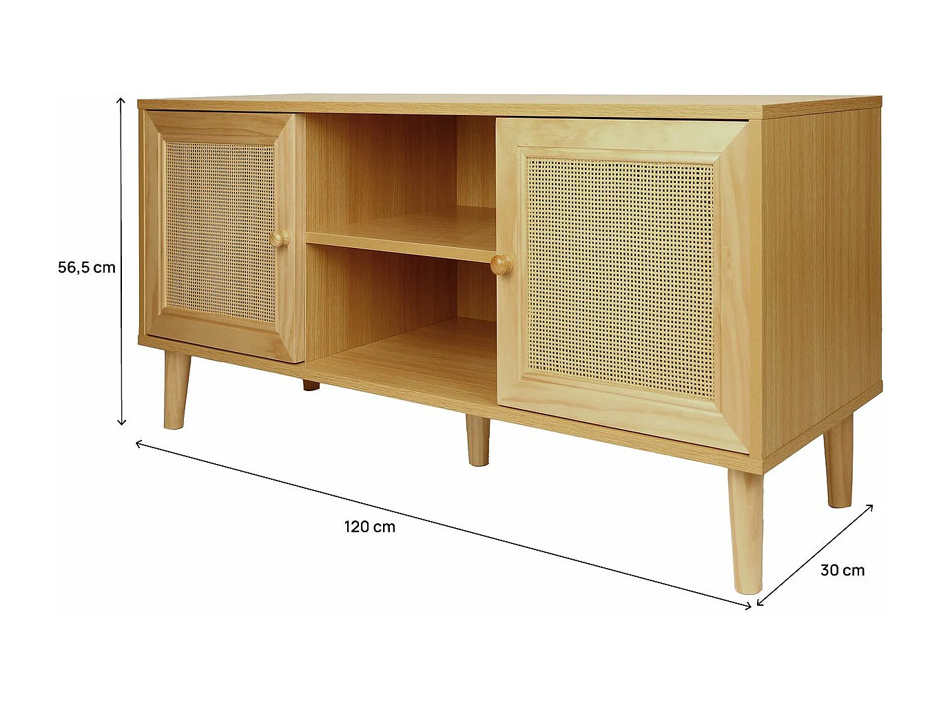 Meuble TV scandinave en cannage "Iguane" - 120 x 30 x 56.5 cm - Marron