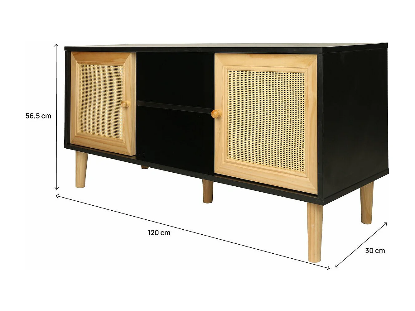 Mobile TV scandinavo in canna "Iguana" - 120 x 30 x 56,5 cm - Nero