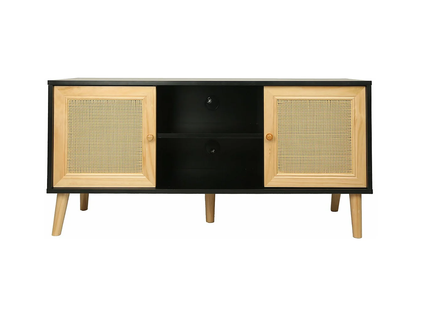 Meuble TV scandinave en cannage "Iguane" - 120 x 30 x 56.5 cm - Noir