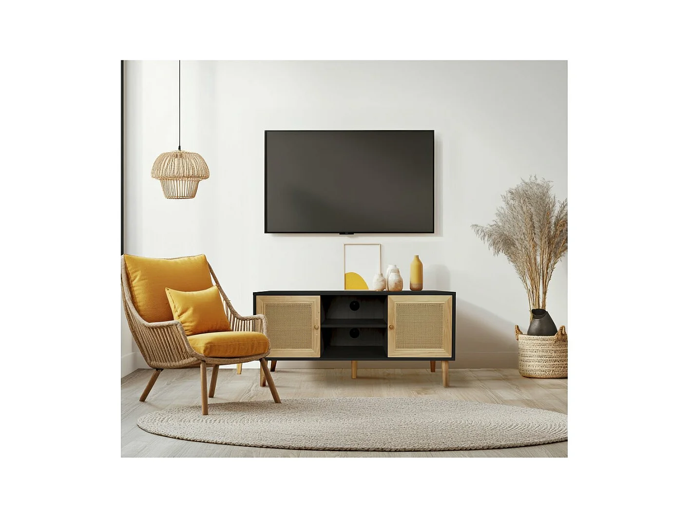 Skandinavisches TV-Möbel mit Rohrgeflecht "Iguane" - 120 x 30 x 56,5 cm - Schwarz