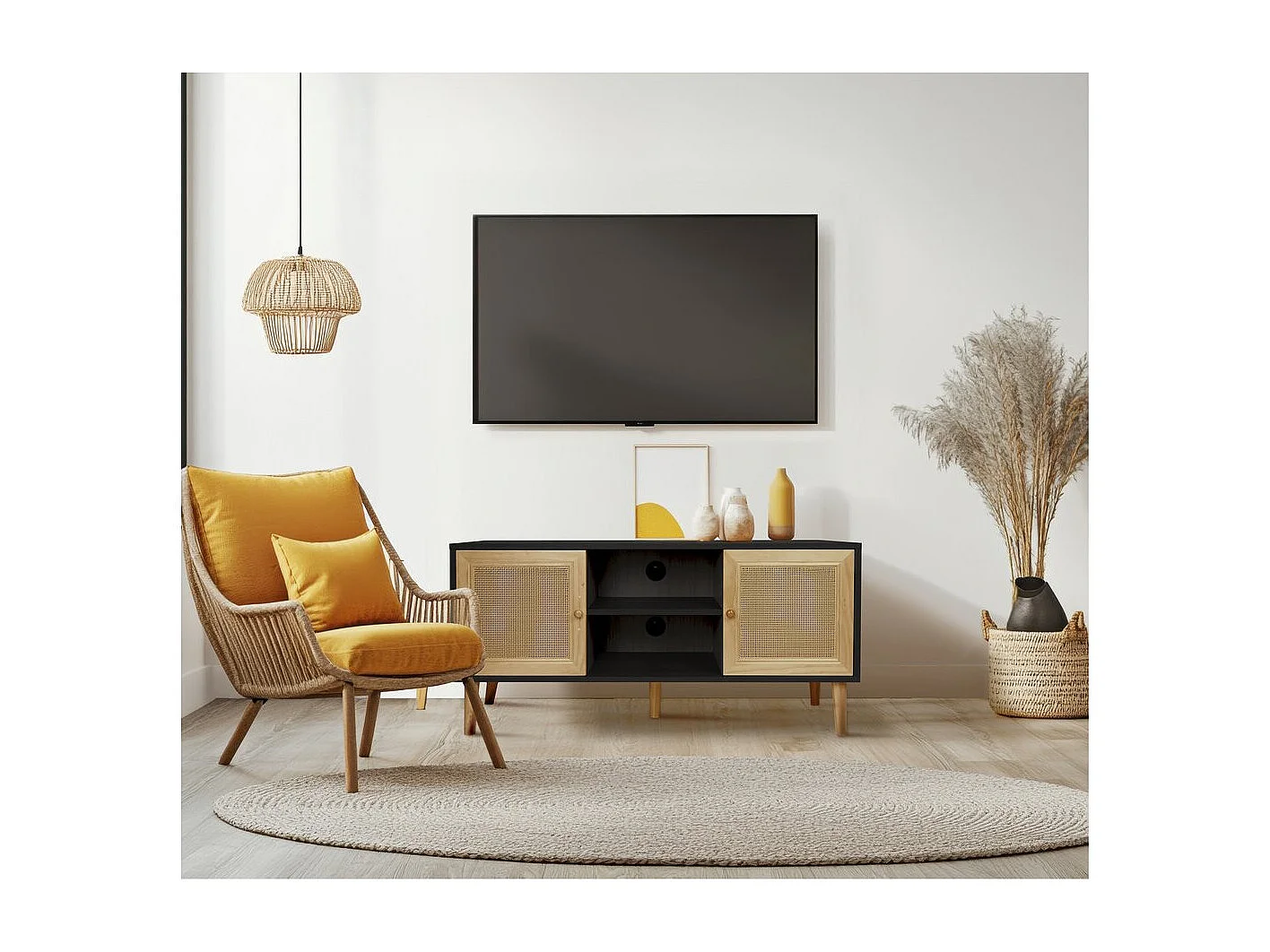 Meuble TV scandinave en cannage "Iguane" - 120 x 30 x 56.5 cm - Noir