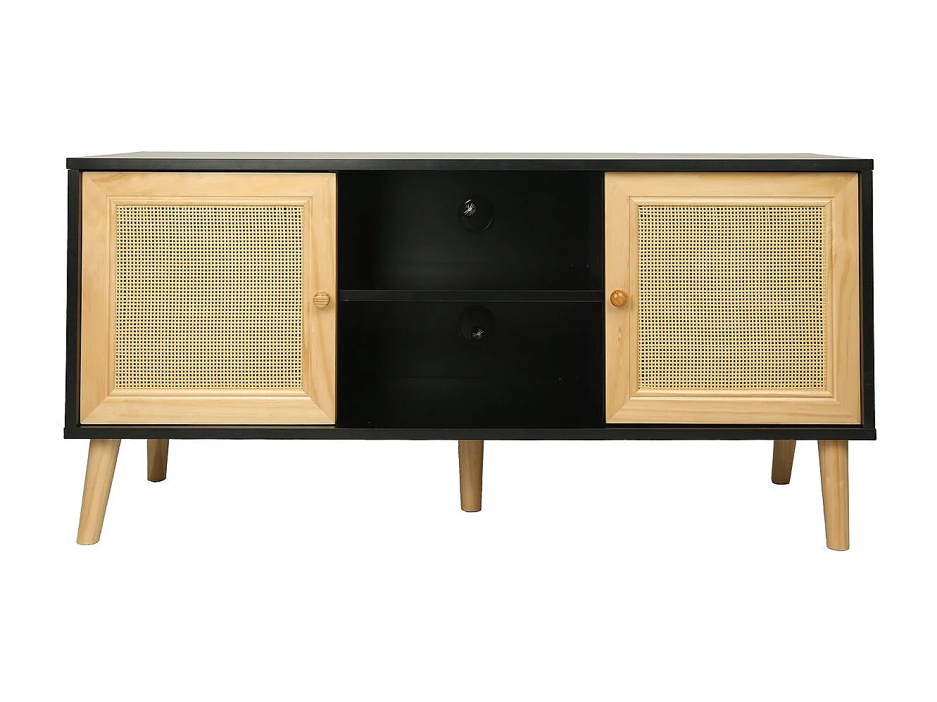 Meuble TV scandinave en cannage "Iguane" - 120 x 30 x 56.5 cm - Noir