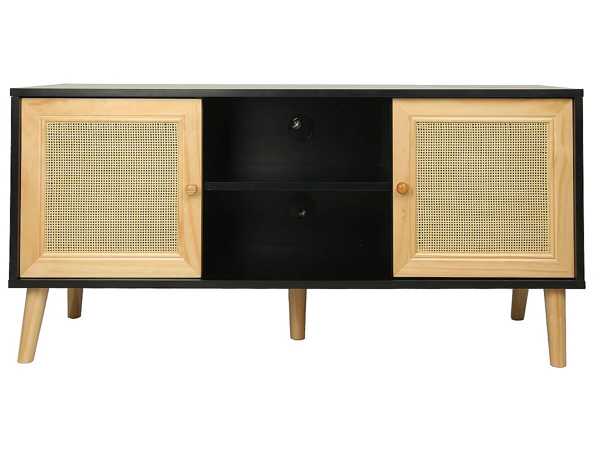 Scandinavisch Cane TV-meubel "Iguane" - Vintage Charme - Zwart - 120 x 30 x 56,5 cm
