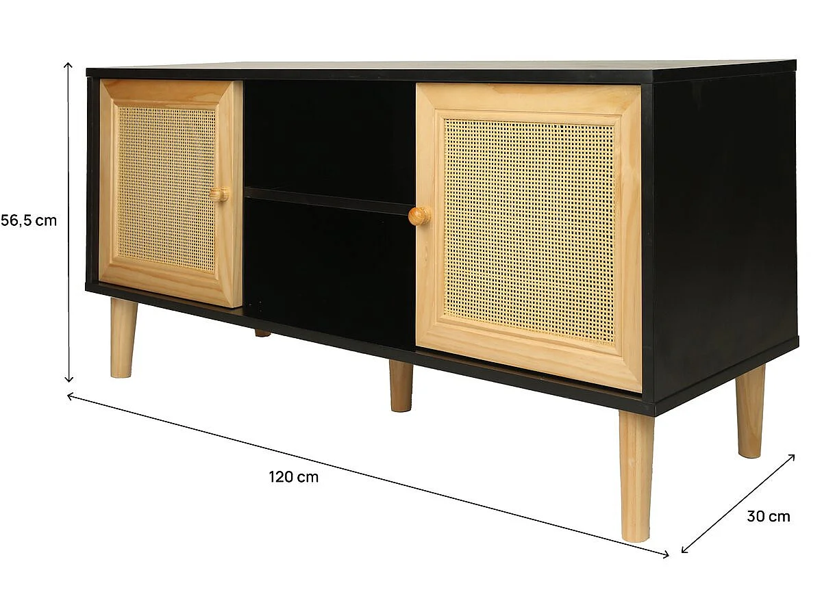 Scandinavisch Cane TV-meubel "Iguane" - Vintage Charme - Zwart - 120 x 30 x 56,5 cm