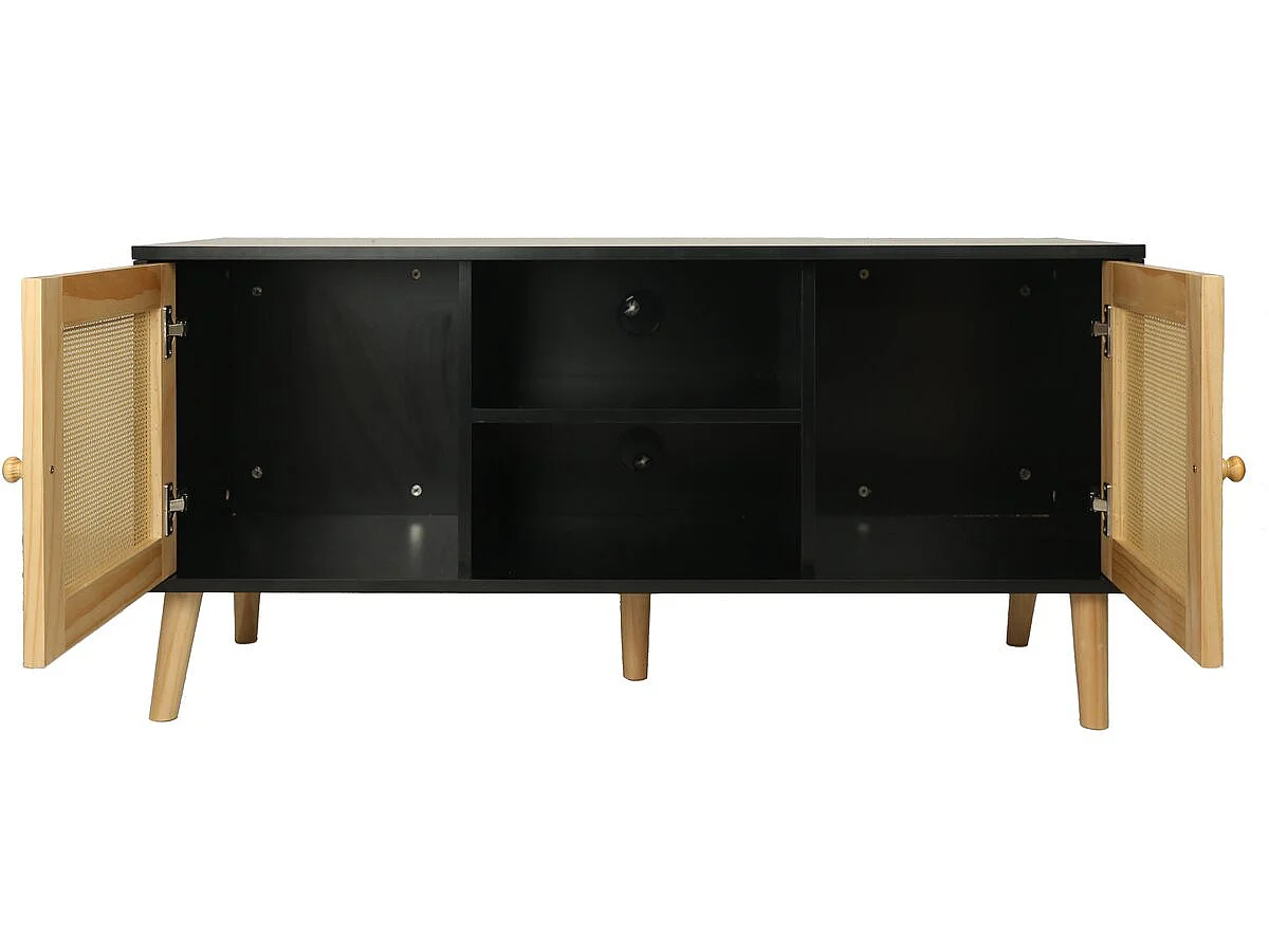 Scandinavisch Cane TV-meubel "Iguane" - Vintage Charme - Zwart - 120 x 30 x 56,5 cm