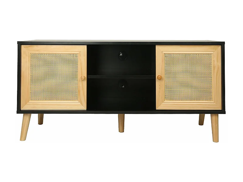 Móvel de TV escandinavo em cana "Iguana" preto - 120 x 30 x 56,5 cm - Design vintage e elegante