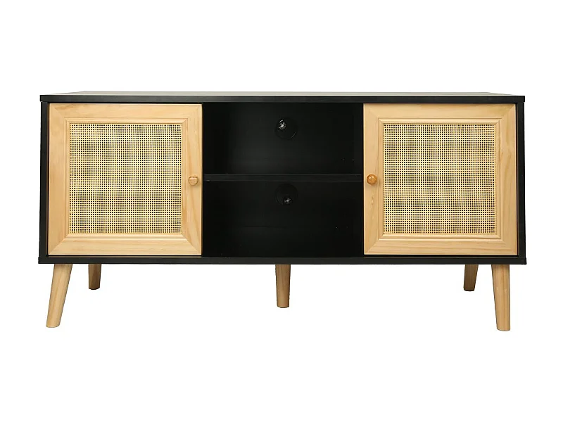 Meuble TV scandinave en cannage "Iguane" - 120 x 30 x 56.5 cm - Noir