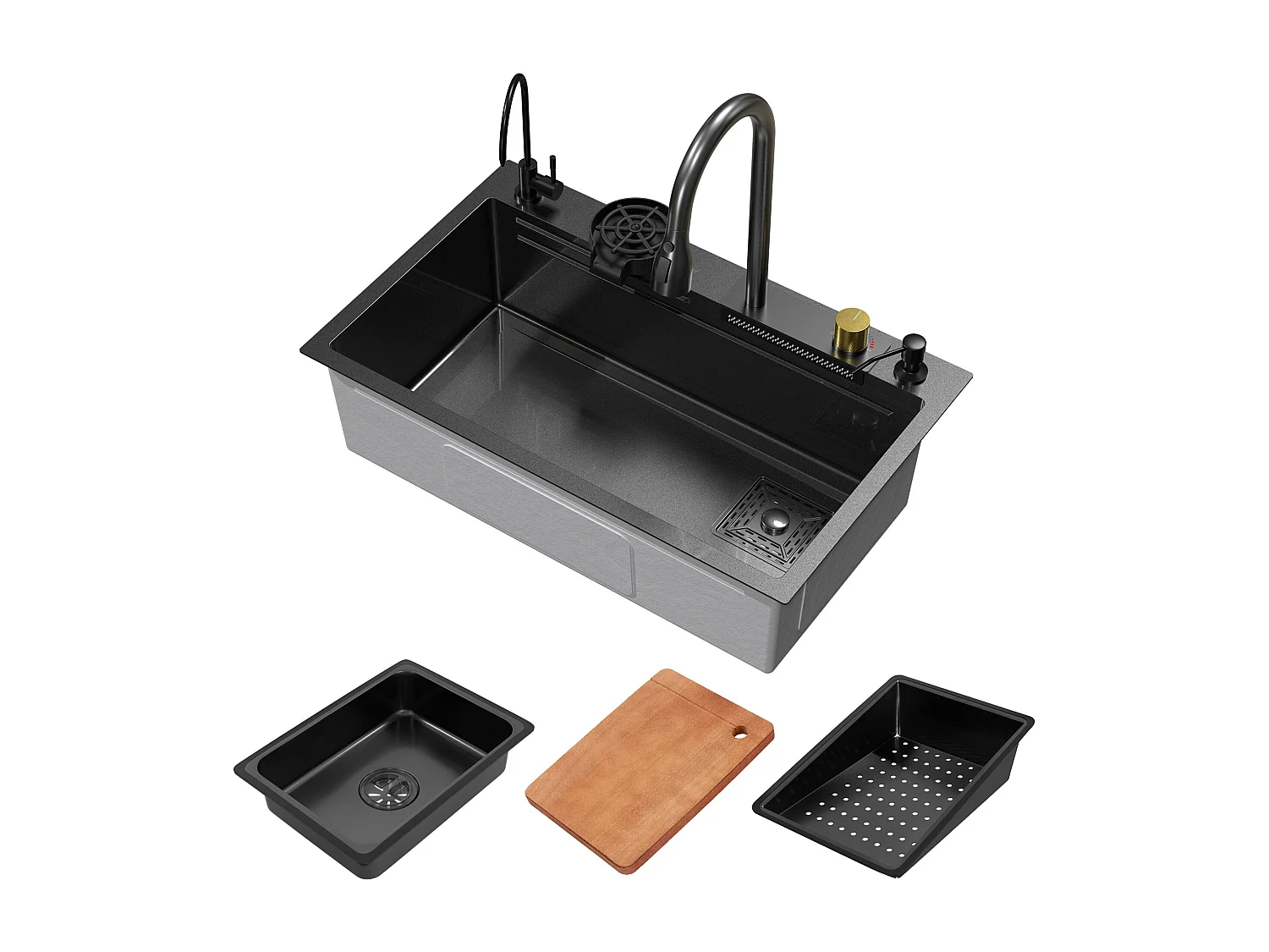 Évier de cuisine encasté multifonctions robinet douchette 75x46 cm anthracite