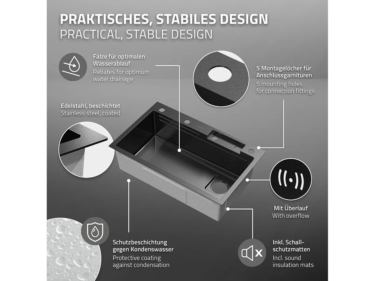 Évier de cuisine encasté multifonctions robinet douchette 75x46 cm anthracite