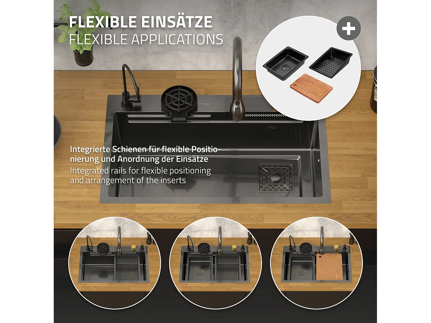 Évier de cuisine encasté multifonctions robinet douchette 75x46 cm anthracite