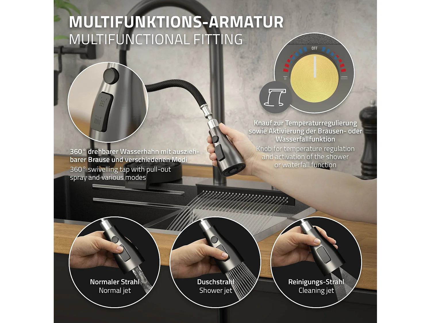 Évier de cuisine encasté multifonctions robinet douchette 75x46 cm anthracite