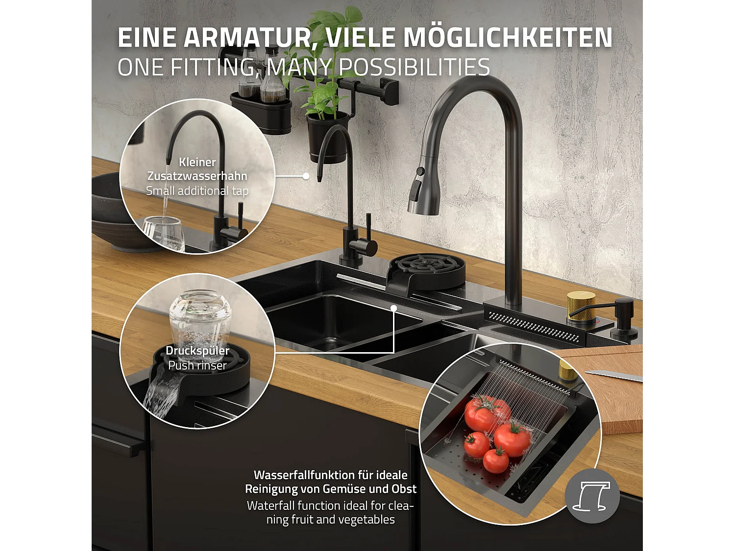 Évier de cuisine encasté multifonctions robinet douchette 75x46 cm anthracite