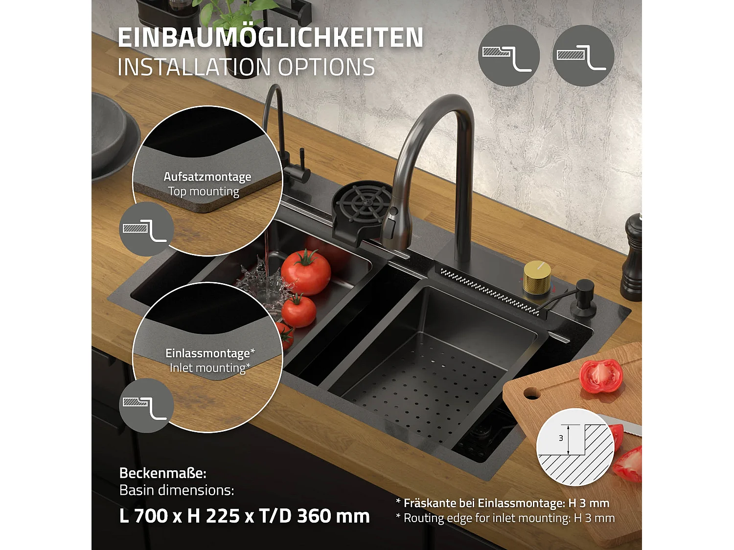 Évier de cuisine encasté multifonctions robinet douchette 75x46 cm anthracite