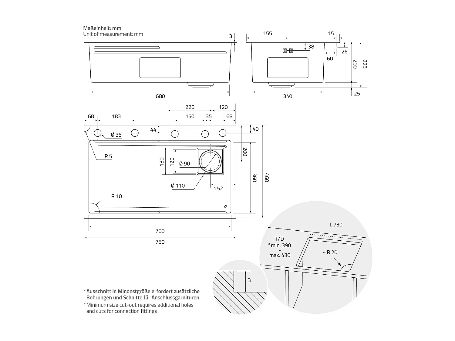 Fregadero de cocina 75x46 cm lavabo rectangular antracita acero con accesorios