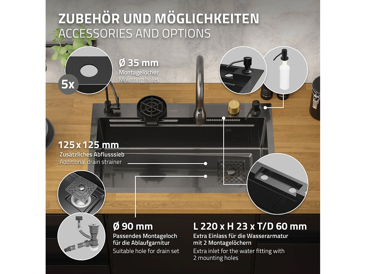 Fregadero de cocina 75x46 cm lavabo rectangular antracita acero con accesorios