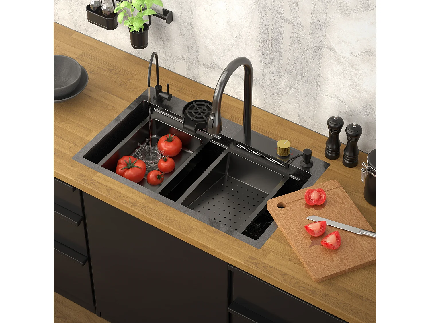 Fregadero de cocina 75x46 cm lavabo rectangular antracita acero con accesorios