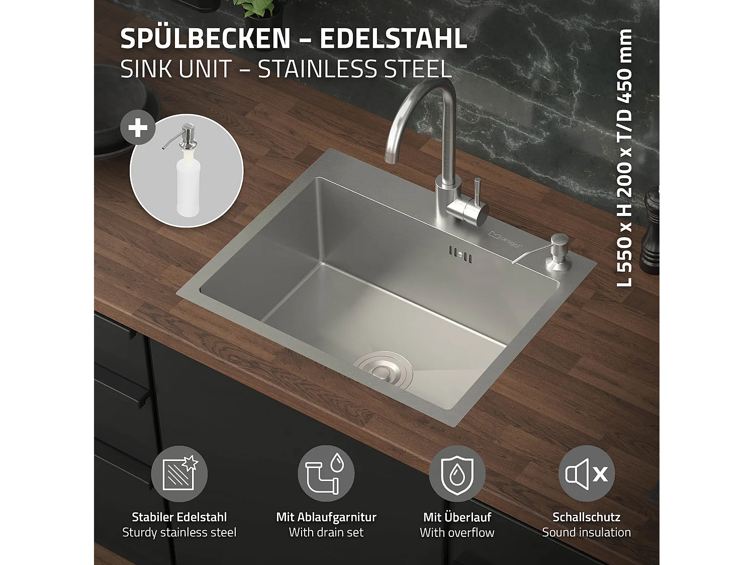 Évier de cuisine à encastrer en acier 55x45 cm avec vidage et distributeur savon