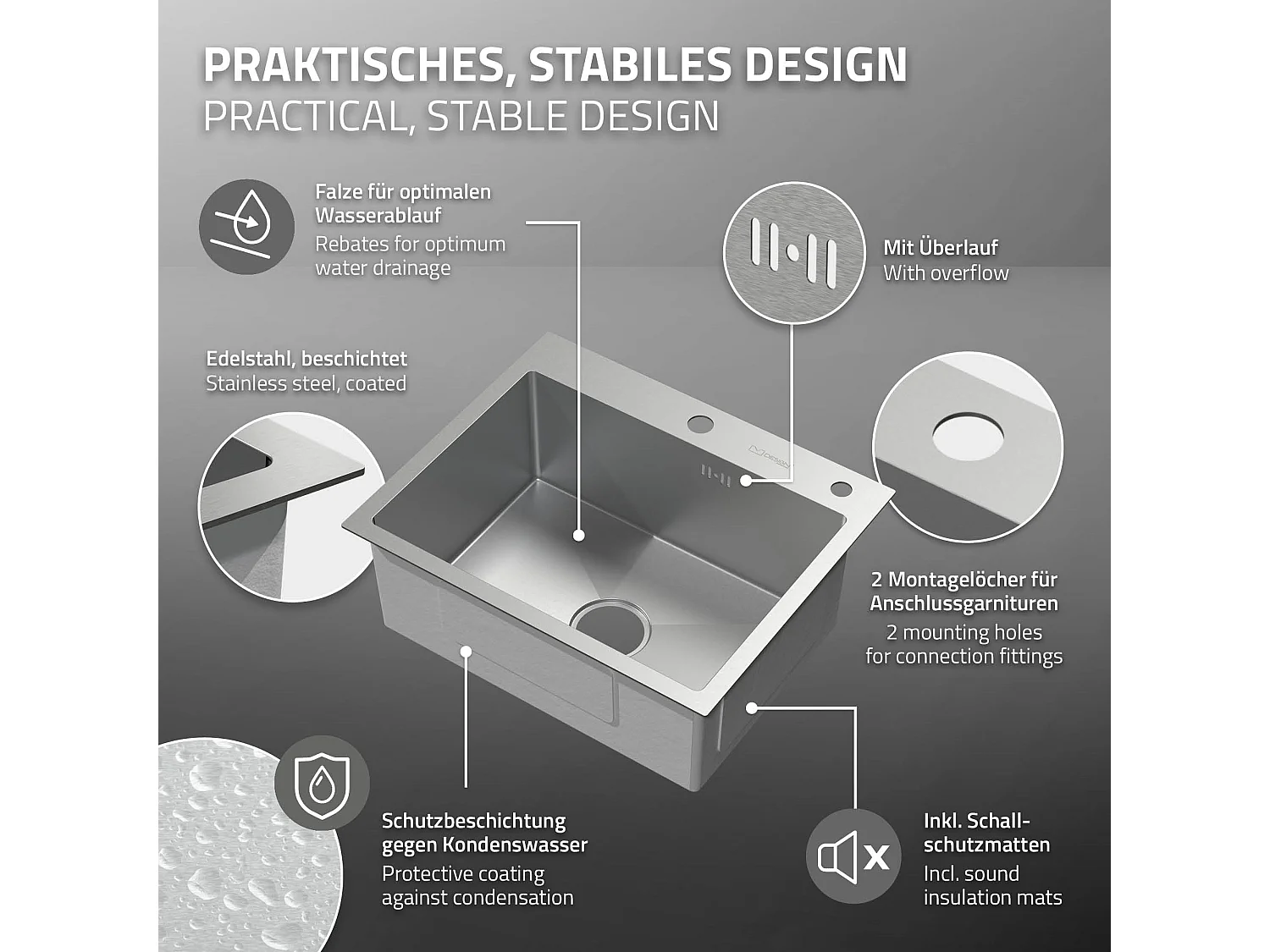 Évier de cuisine à encastrer en acier 55x45 cm avec vidage et distributeur savon