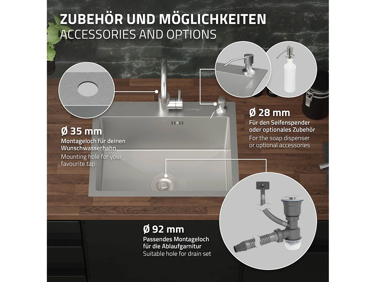 Évier de cuisine à encastrer en acier 55x45 cm avec vidage et distributeur savon