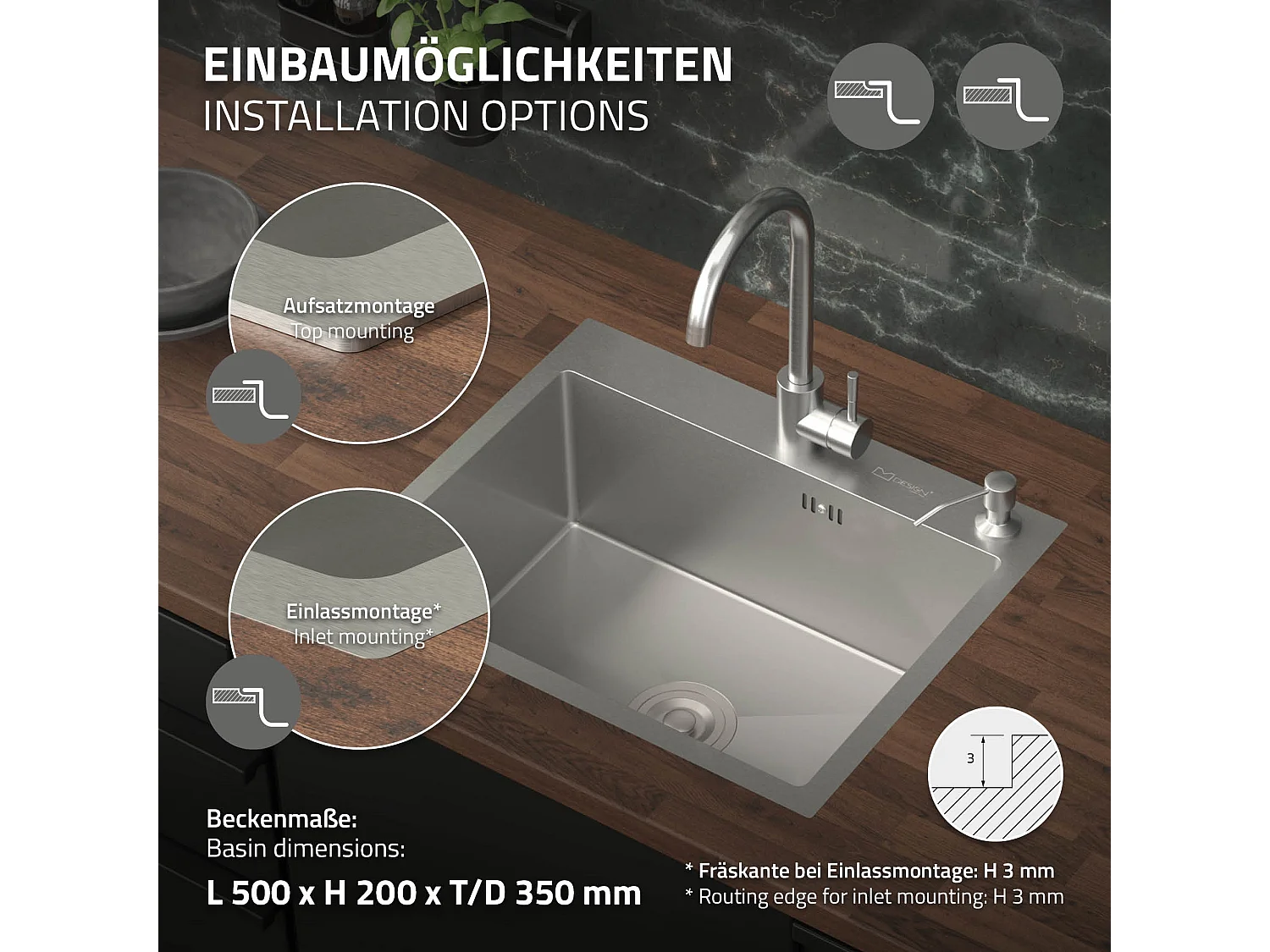 Évier de cuisine à encastrer en acier 55x45 cm avec vidage et distributeur savon