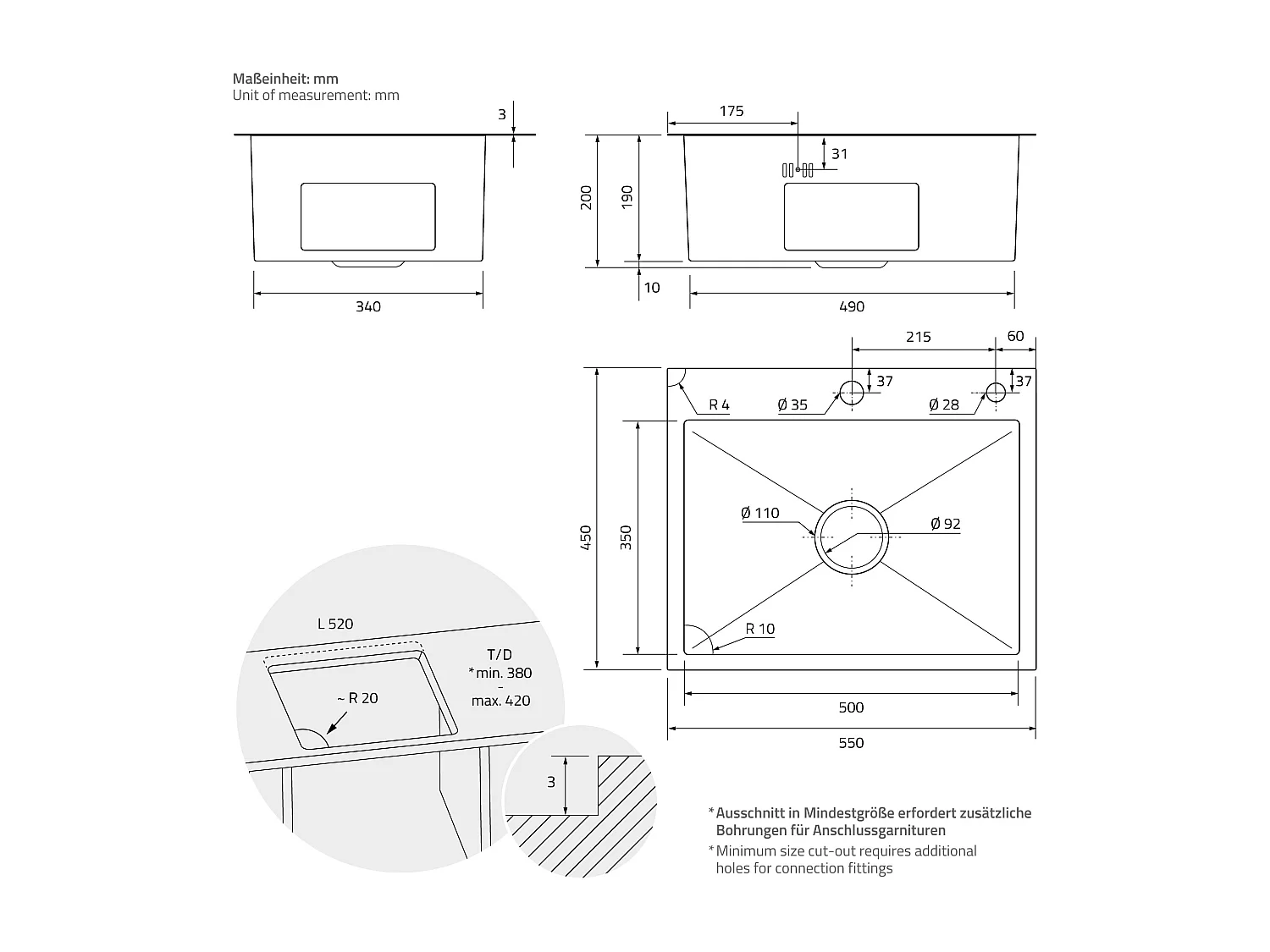 Évier de cuisine à encastrer en acier 55x45 cm avec vidage et distributeur savon