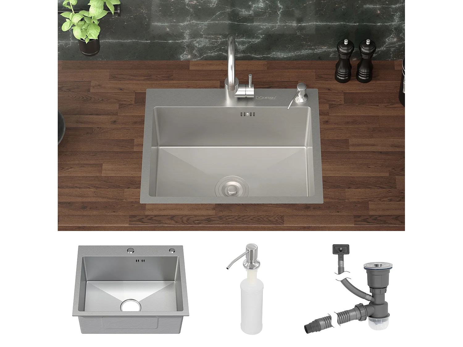 Évier de cuisine à encastrer en acier 55x45 cm avec vidage et distributeur savon