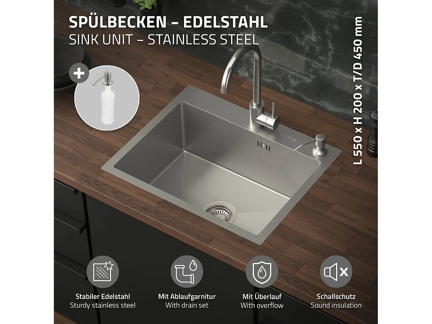 Lavello in acciaio inox lavabo da incasso cucina con dispenser sapone 55 x 45 cm