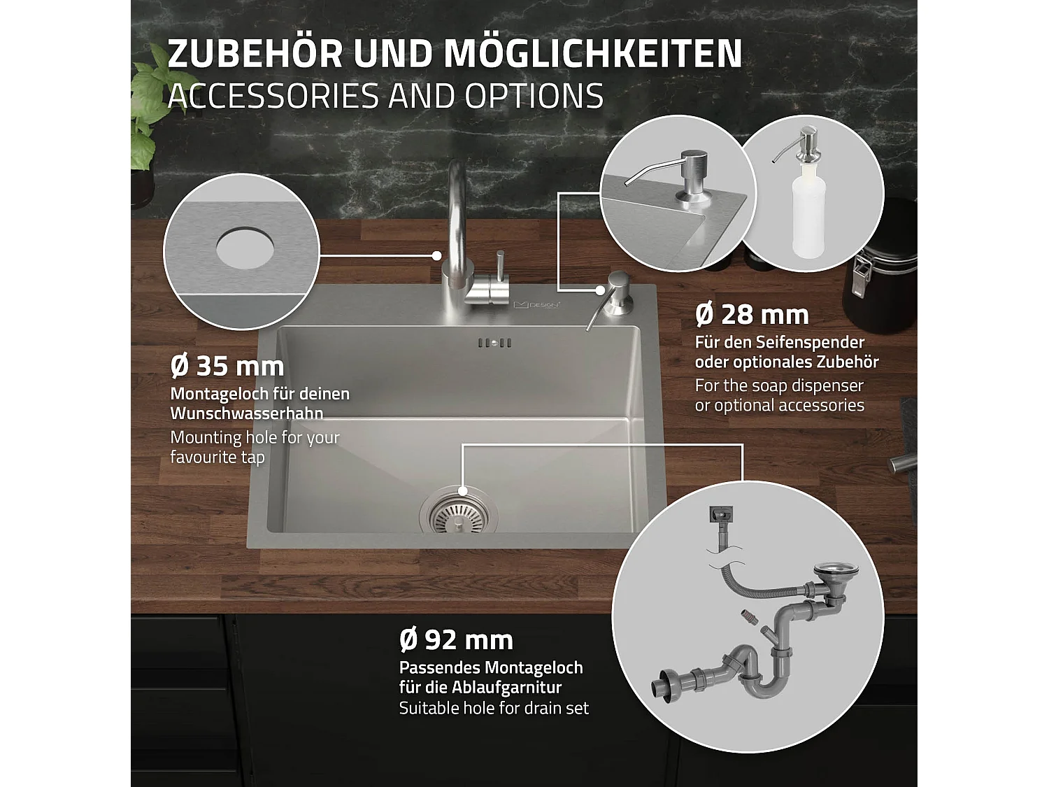 Lavello in acciaio inox lavabo da incasso cucina con dispenser sapone 55 x 45 cm