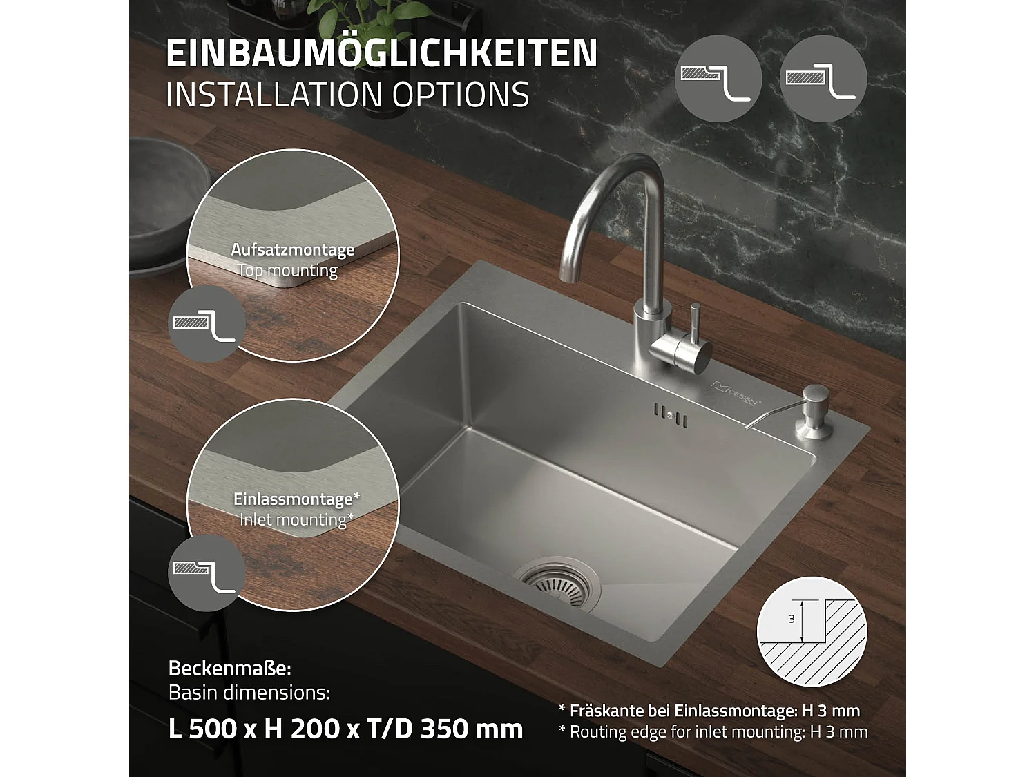 Lavello in acciaio inox lavabo da incasso cucina con dispenser sapone 55 x 45 cm