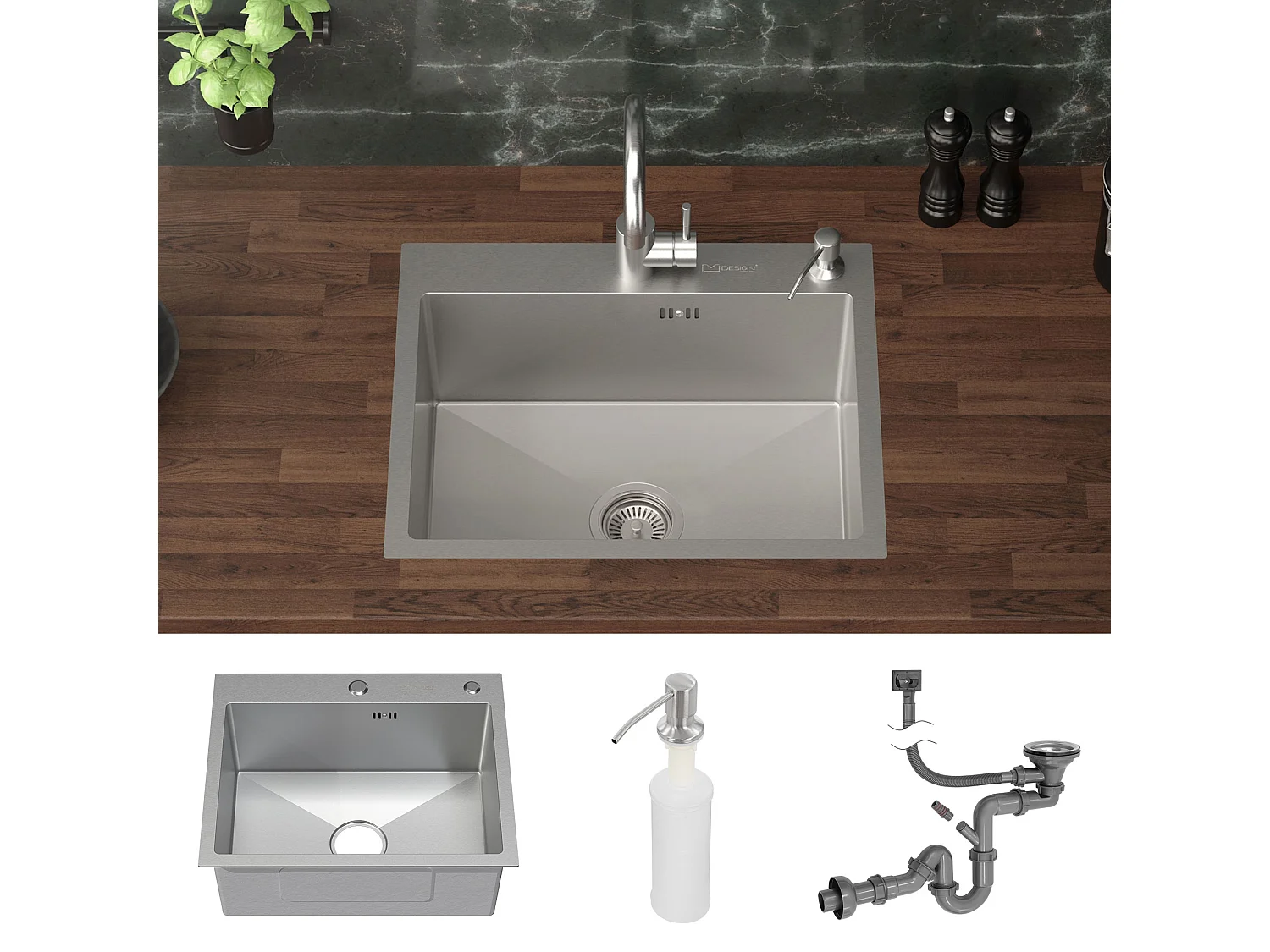 Lavello in acciaio inox lavabo da incasso cucina con dispenser sapone 55 x 45 cm