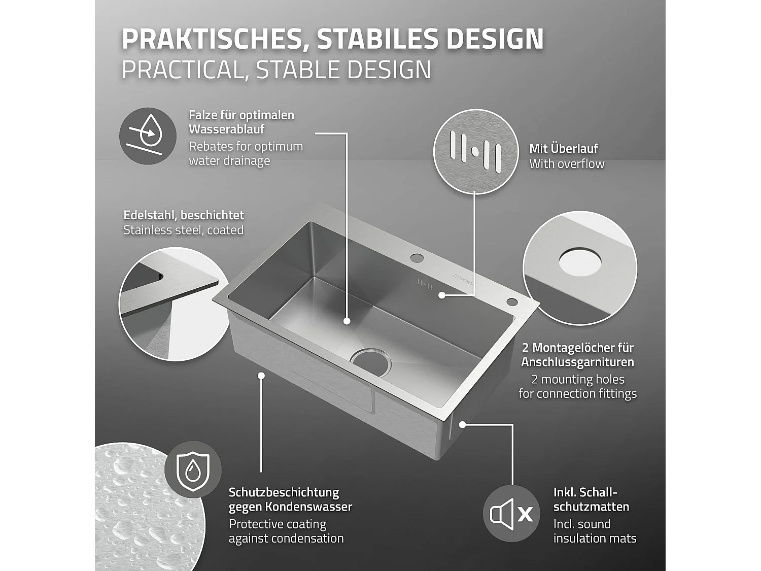 Évier à encastrer en acier 68x45 cm vidage distributeur savon + panier-égouttoir