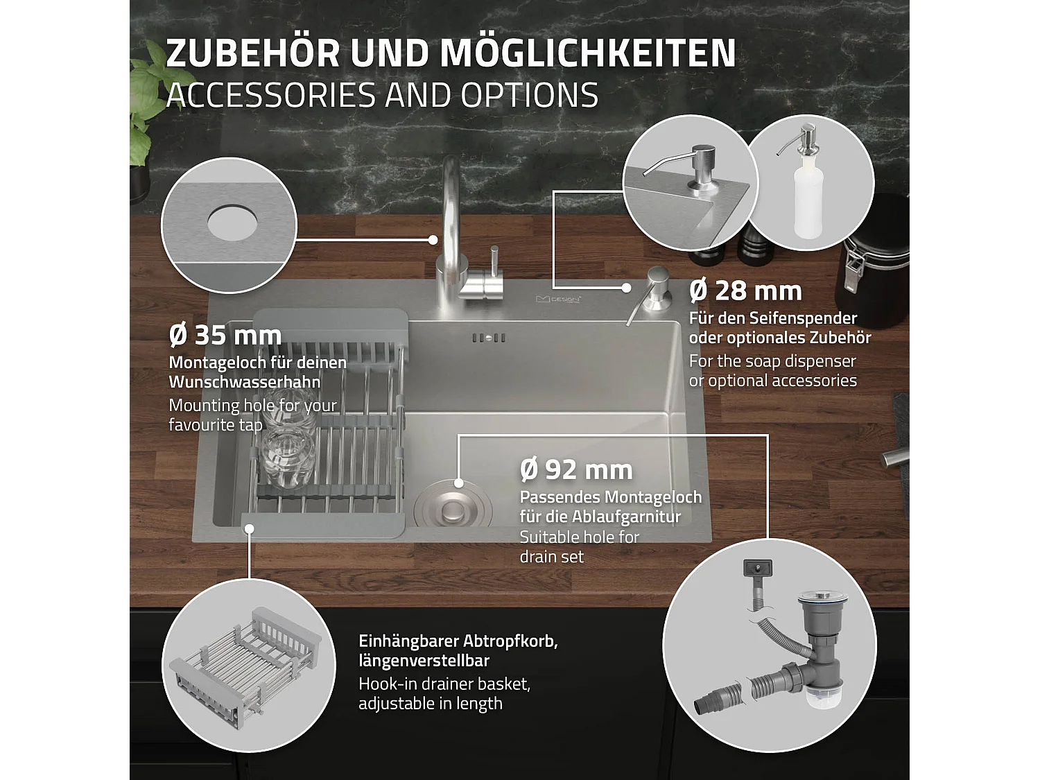 Évier à encastrer en acier 68x45 cm vidage distributeur savon + panier-égouttoir