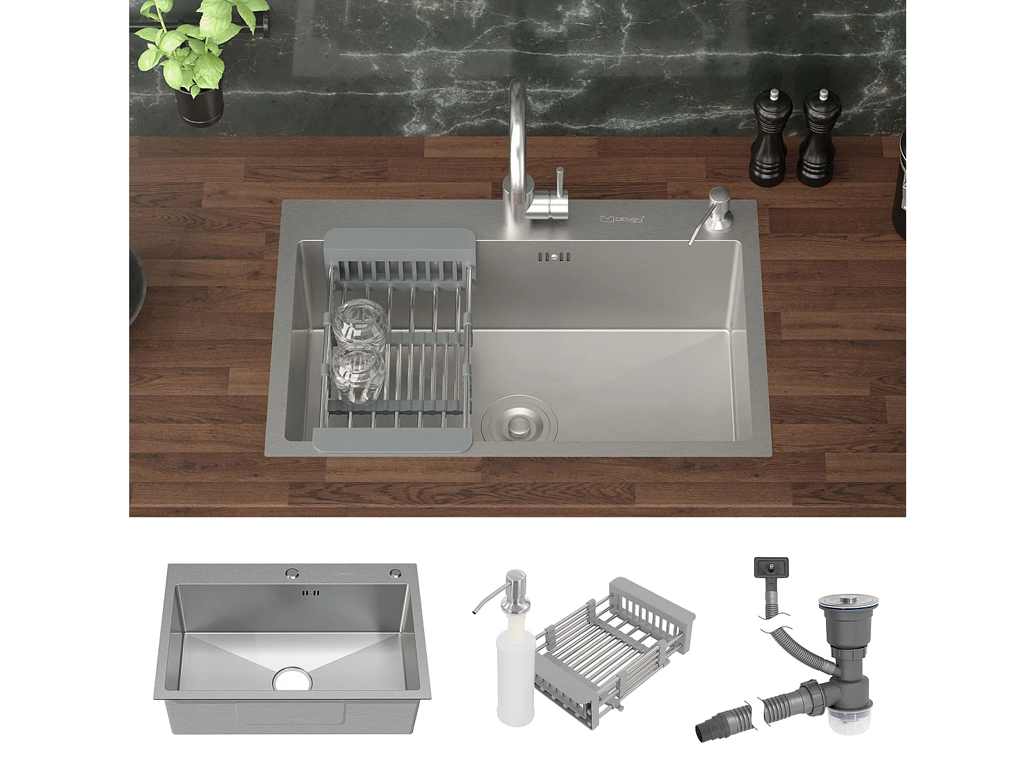 Évier à encastrer en acier 68x45 cm vidage distributeur savon + panier-égouttoir