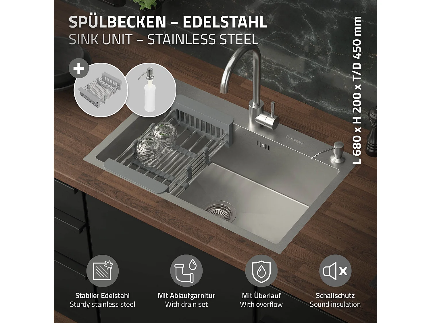 Lavello in acciaio inox lavabo da incasso cucina dispenser sapone 68 x 45 cm